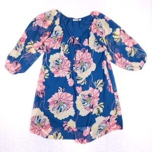 Eva Mendes Floral Puff Sleeve Mini Dress Medium Blue Romantic Coastal Resort